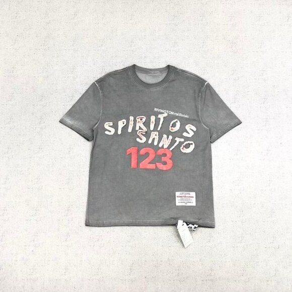 RIVINGTON ROI REBIS Distressed Vintage Lettering T Shirt Gray Short Sleeve
